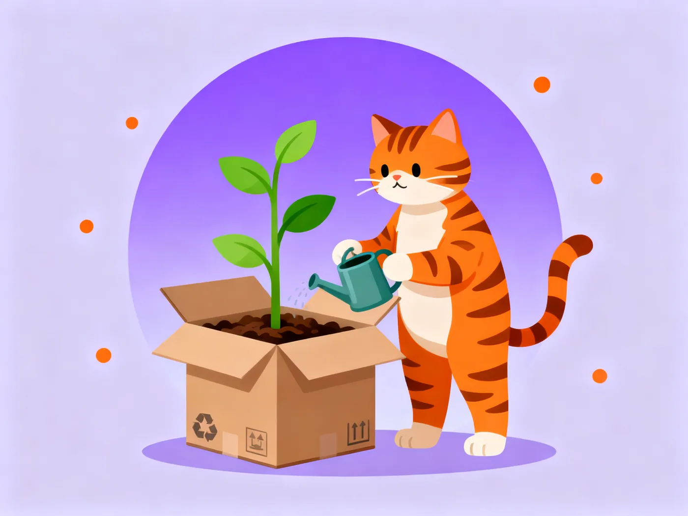 插画：猫咪照料从货箱中长出的幼苗，象征孵化成长