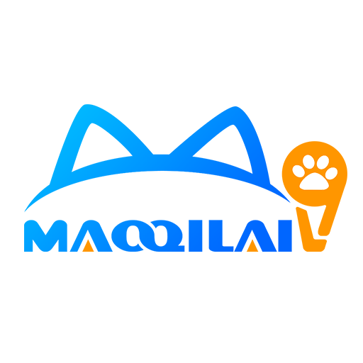 猫起来官方 LOGO：渐变蓝猫耳、MAOQILAI 与橙色爪印感叹号
